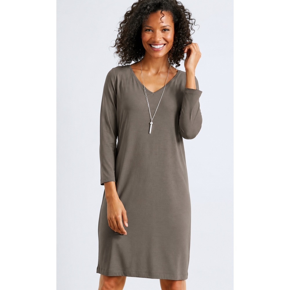 Eileen Fisher Viscose Jersey V-Neck Shift Dress Gray Taupe XS